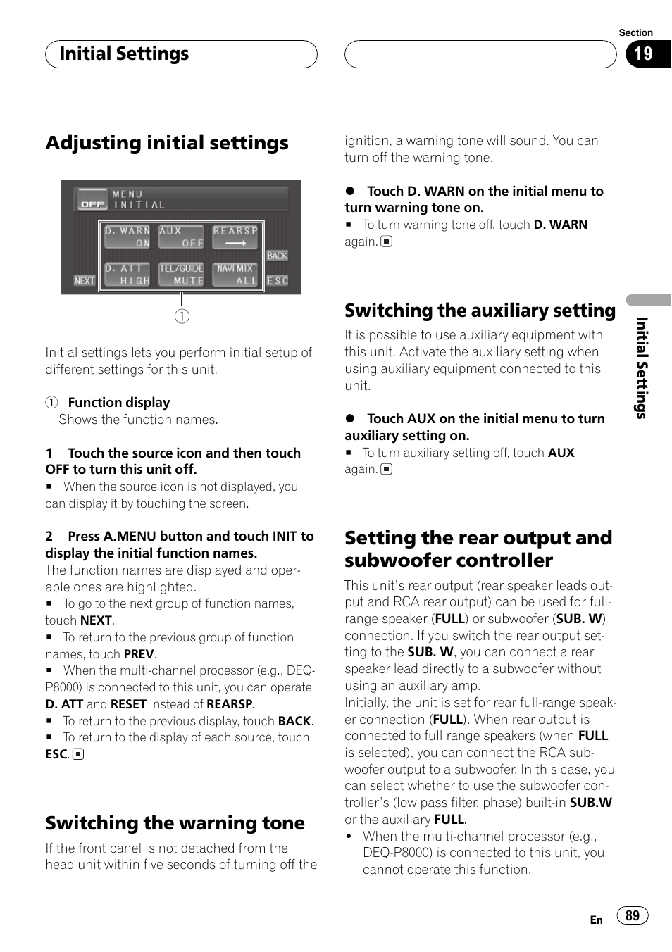 Controller 89, Adjusting initialsettings, Switching the warning tone | Switching the auxiliary setting, Setting the rear output and subwoofer controller, Initialsettings | Pioneer AV Receiver/DVD Payer with 6.5 inch Wide Display AVH-P5700DVD User Manual | Page 89 / 114