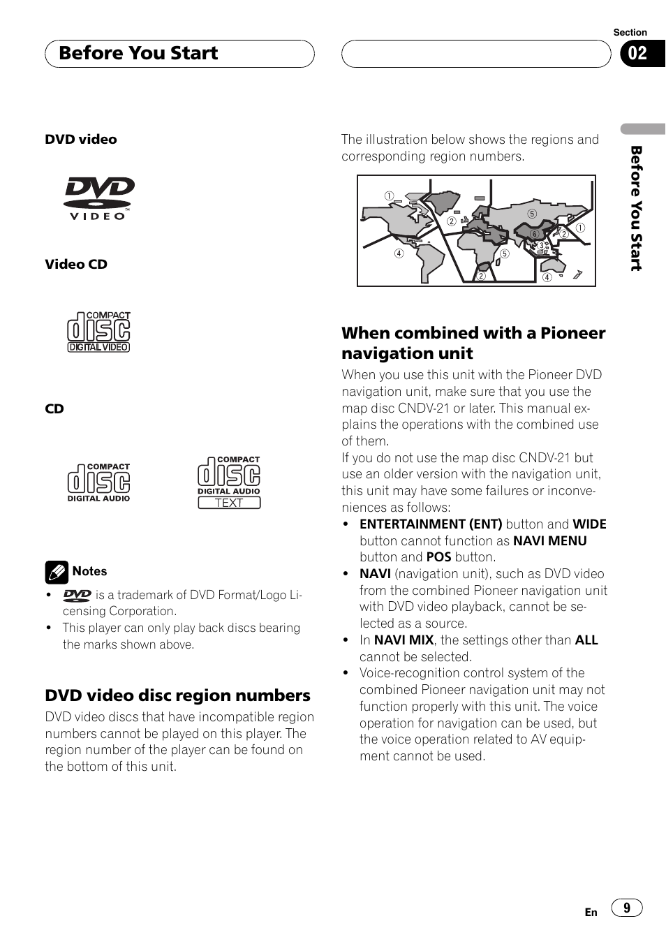 Dvd video disc region numbers 9, Before you start, Dvd video disc region numbers | When combined with a pioneer navigation unit | Pioneer AV Receiver/DVD Payer with 6.5 inch Wide Display AVH-P5700DVD User Manual | Page 9 / 114