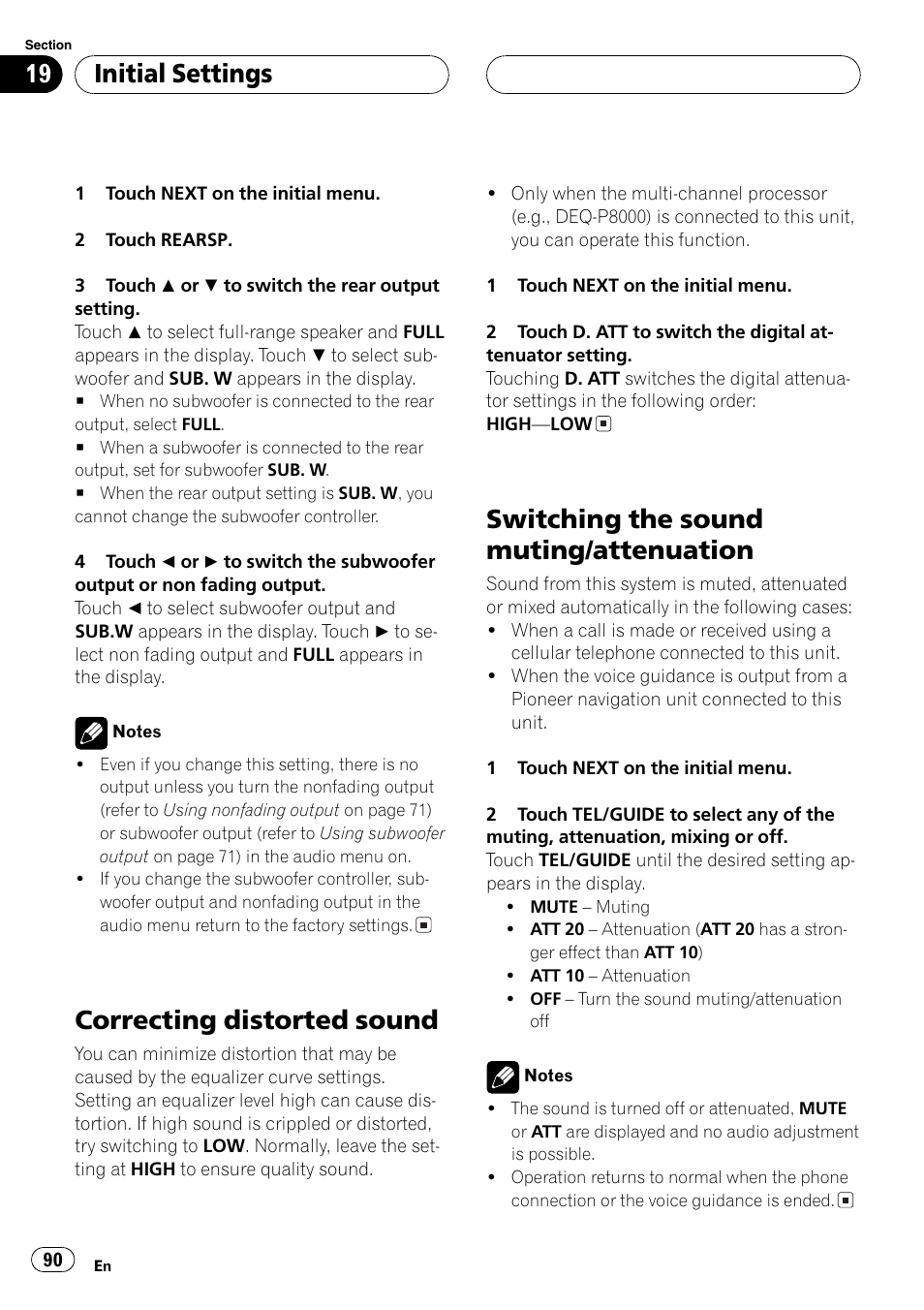 Correcting distorted sound, Switching the sound muting/attenuation, Initialsettings | Pioneer AV Receiver/DVD Payer with 6.5 inch Wide Display AVH-P5700DVD User Manual | Page 90 / 114