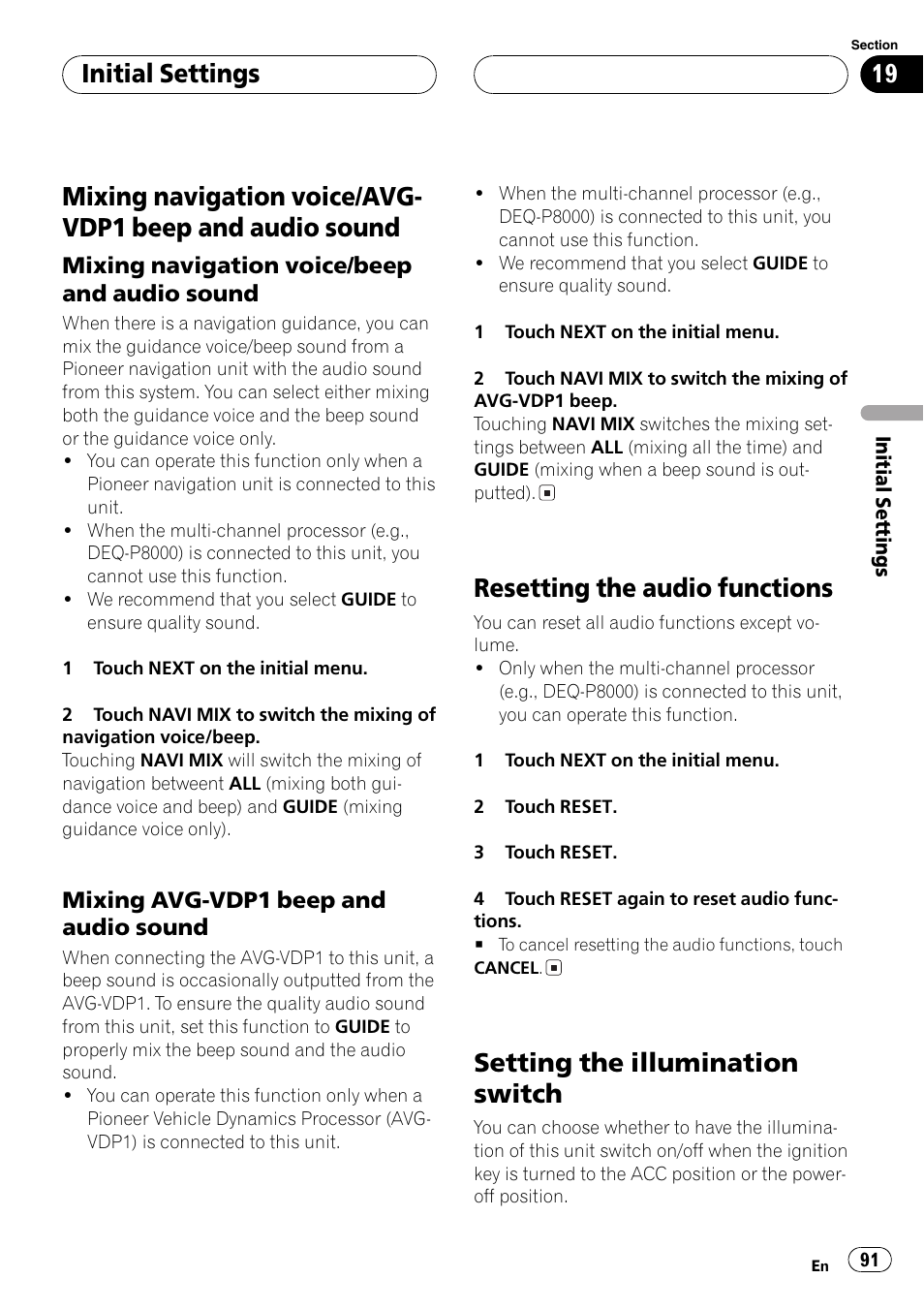 Mixing navigation voice/avg-vdp1 beep and, Audio sound 91, Resetting the audio functions | Setting the illumination switch, Initialsettings | Pioneer AV Receiver/DVD Payer with 6.5 inch Wide Display AVH-P5700DVD User Manual | Page 91 / 114