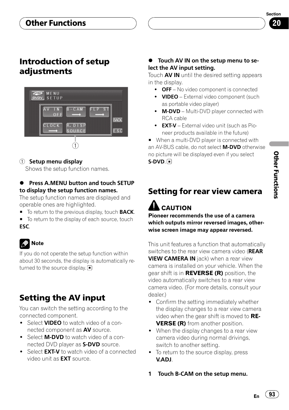 Introduction of setup adjustments, Setting the av input, Setting for rear view camera | Other functions | Pioneer AV Receiver/DVD Payer with 6.5 inch Wide Display AVH-P5700DVD User Manual | Page 93 / 114