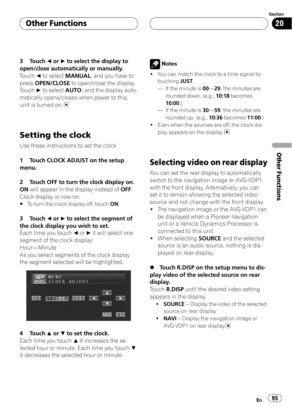 Setting the clock, Selecting video on rear display, Other functions | Pioneer AV Receiver/DVD Payer with 6.5 inch Wide Display AVH-P5700DVD User Manual | Page 95 / 114