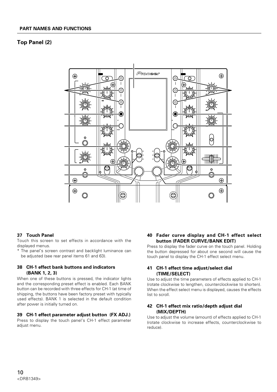 Djm-909, Part names and functions, 37 touch panel | 39 ch-1 effect parameter adjust button (fx adj.), Drb1349 | Pioneer DJm-909 User Manual | Page 10 / 28
