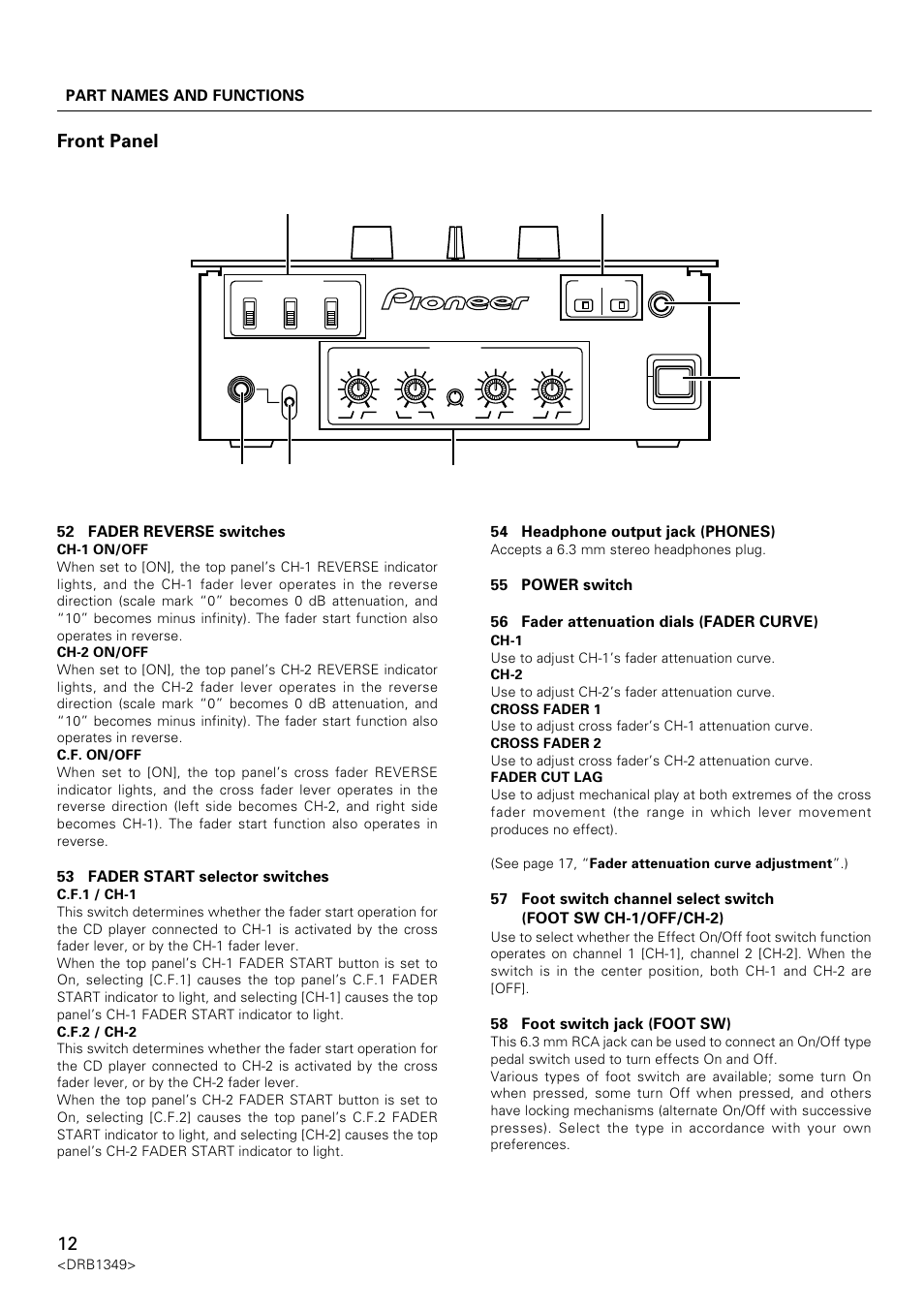 Front panel, Part names and functions, Djm-909 | 52 fader reverse switches, 53 fader start selector switches, 54 headphone output jack (phones), 58 foot switch jack (foot sw) | Pioneer DJm-909 User Manual | Page 12 / 28