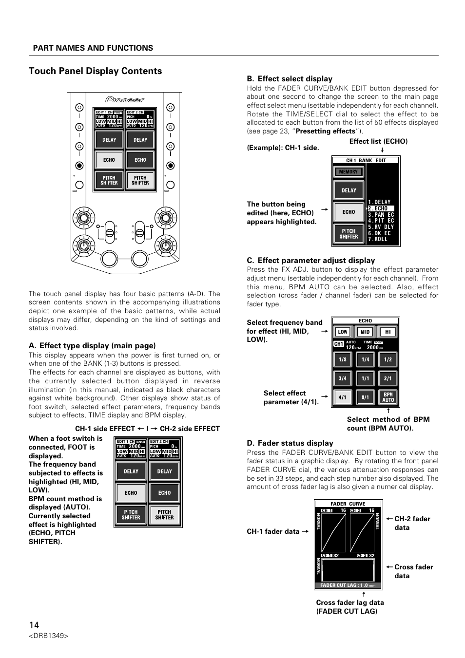 Touch panel display contents, Djm-909, Part names and functions | A. effect type display (main page), B. effect select display, C. effect parameter adjust display, D. fader status display, Drb1349 | Pioneer DJm-909 User Manual | Page 14 / 28