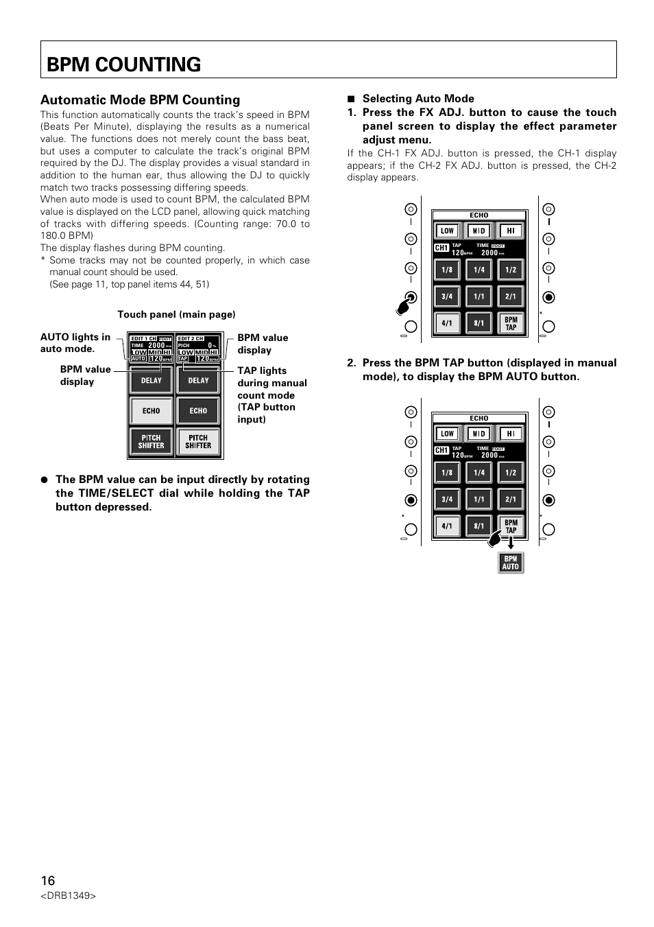 Bpm counting, Automatic mode bpm counting, Drb1349 | Pioneer DJm-909 User Manual | Page 16 / 28