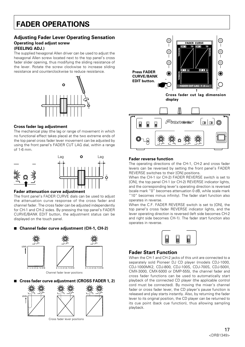 Fader operations, Fader start function, Adjusting fader lever operating sensation | Fader reverse function, Cross fader lag adjustment, Fader attenuation curve adjustment, 7 channel fader curve adjustment (ch-1, ch-2), 7 cross fader curve adjustment (cross fader 1, 2), Operating load adjust screw (feeling adj.), Drb1349 | Pioneer DJm-909 User Manual | Page 17 / 28