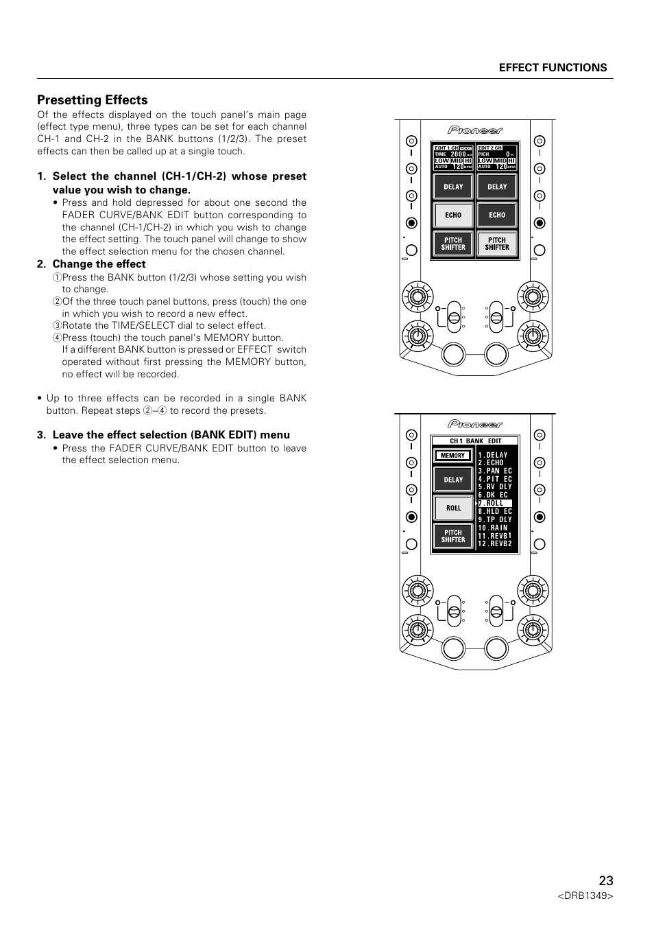 Presetting effects, Djm-909, Effect functions | Change the effect, Leave the effect selection (bank edit) menu, Drb1349 | Pioneer DJm-909 User Manual | Page 23 / 28