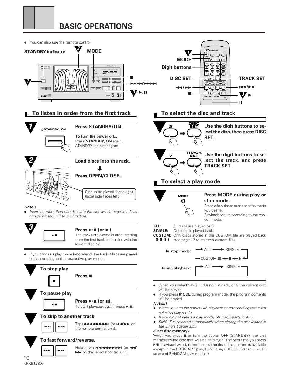 Basic operations, Press 6 (or 3 ), Press mode during play or stop mode | Load discs into the rack. press open/close, Press standby/on, 38 3 track set mode digit buttons disc set 7, Standby indicator, Reference file–type cd player, D/a converter phones level | Pioneer PD-F19PD-F17 User Manual | Page 10 / 24
