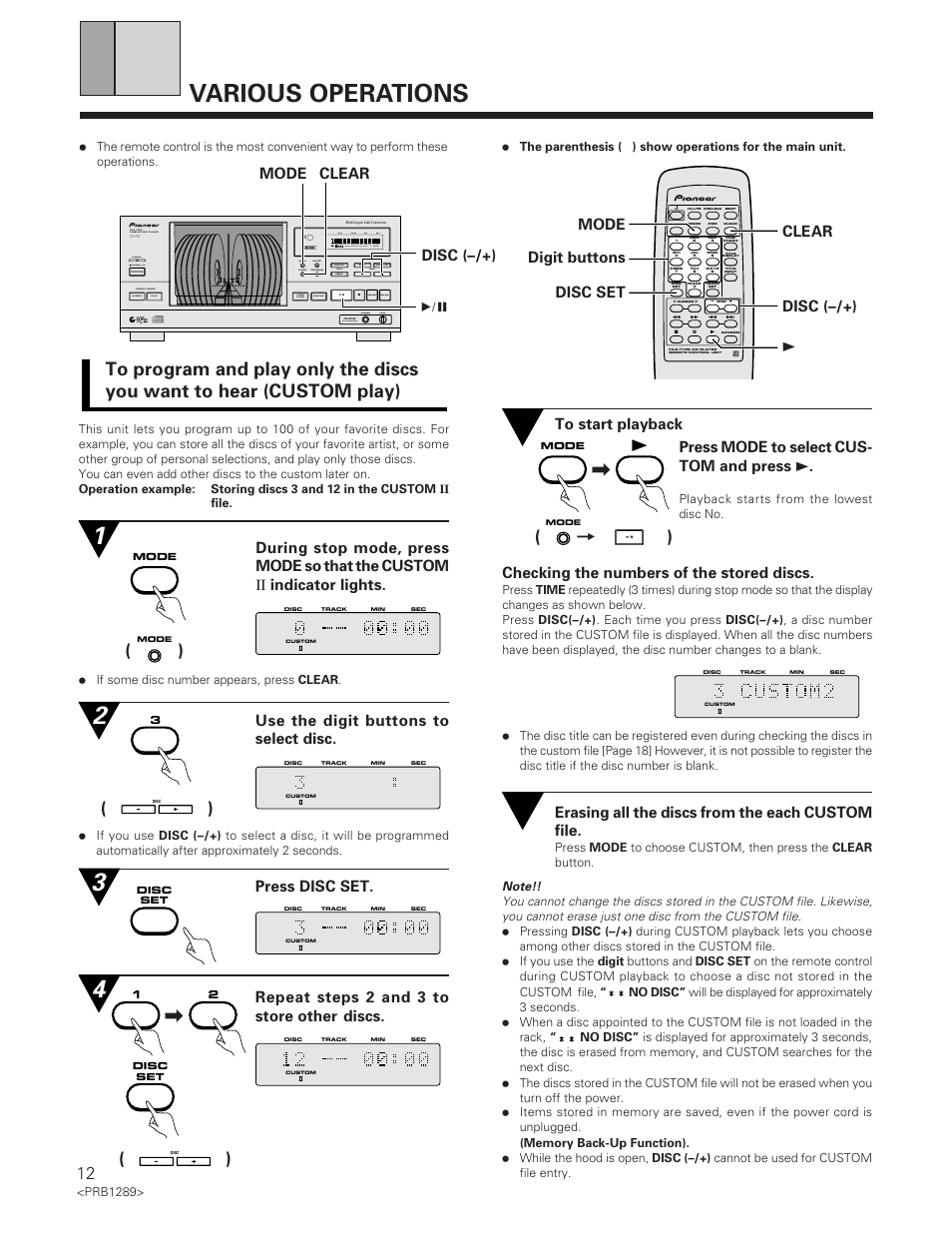 Various operations, Use the digit buttons to select disc, Disc (–/+) 6 mode clear | 3mode clear digit buttons disc set disc (–/+), Erasing all the discs from the each custom file, Checking the numbers of the stored discs, Reference file–type cd player, D/a converter phones level | Pioneer PD-F19PD-F17 User Manual | Page 12 / 24