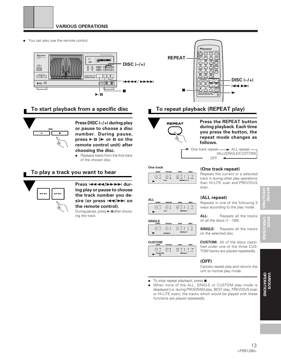 Various operations, One track repeat), All repeat) | Off), 7disc (–/+), 6repeat 7 3 4 ¢ disc (–/+), Reference file–type cd player, D/a converter phones level | Pioneer PD-F19PD-F17 User Manual | Page 13 / 24