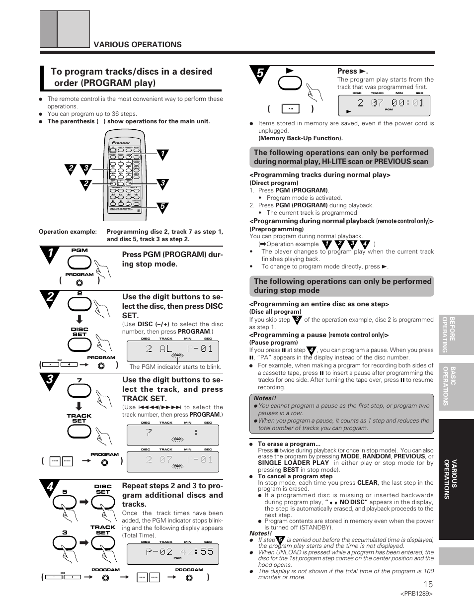 To program tracks/discs in a desired order, Various operations, Press 3 | Programming tracks during normal play, Programming an entire disc as one step, Programming a pause (remote control only) | Pioneer PD-F19PD-F17 User Manual | Page 15 / 24
