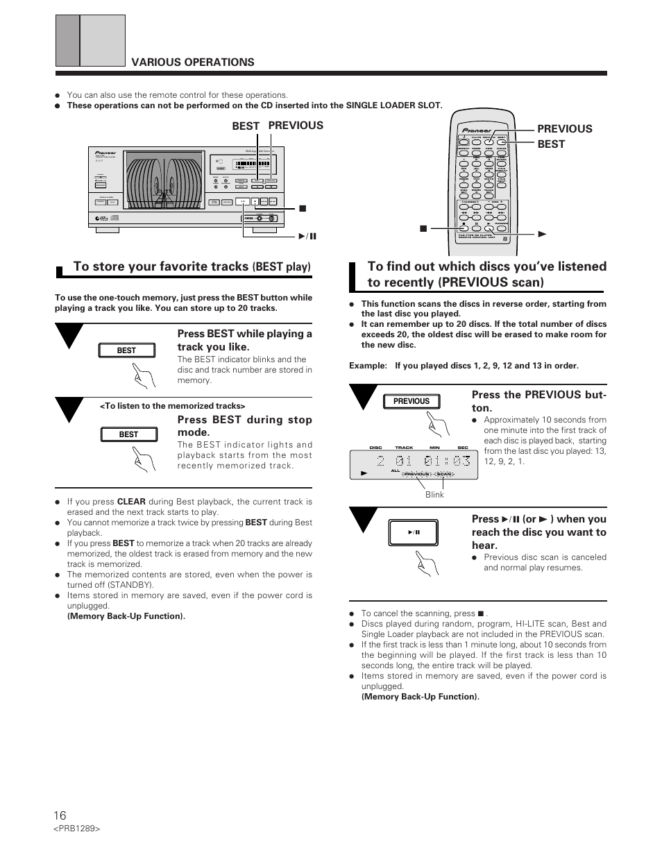 Best play), Various operations, Press best while playing a track you like | Press best during stop mode, Press the previous but- ton, 76 best previous 3 previous best 7, Single loader standby / on standby, Reference file–type cd player, D/a converter phones level | Pioneer PD-F19PD-F17 User Manual | Page 16 / 24