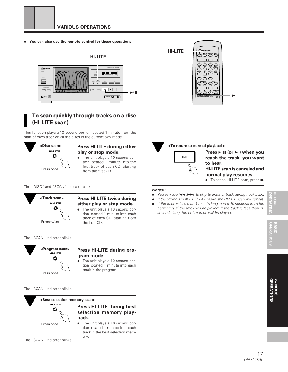 To scan quickly through tracks on a disc, Various operations, 3hi-lite hi-lite 6 | Press hi-lite during either play or stop mode, Press hi-lite during pro- gram mode, Reference file–type cd player, D/a converter phones level | Pioneer PD-F19PD-F17 User Manual | Page 17 / 24