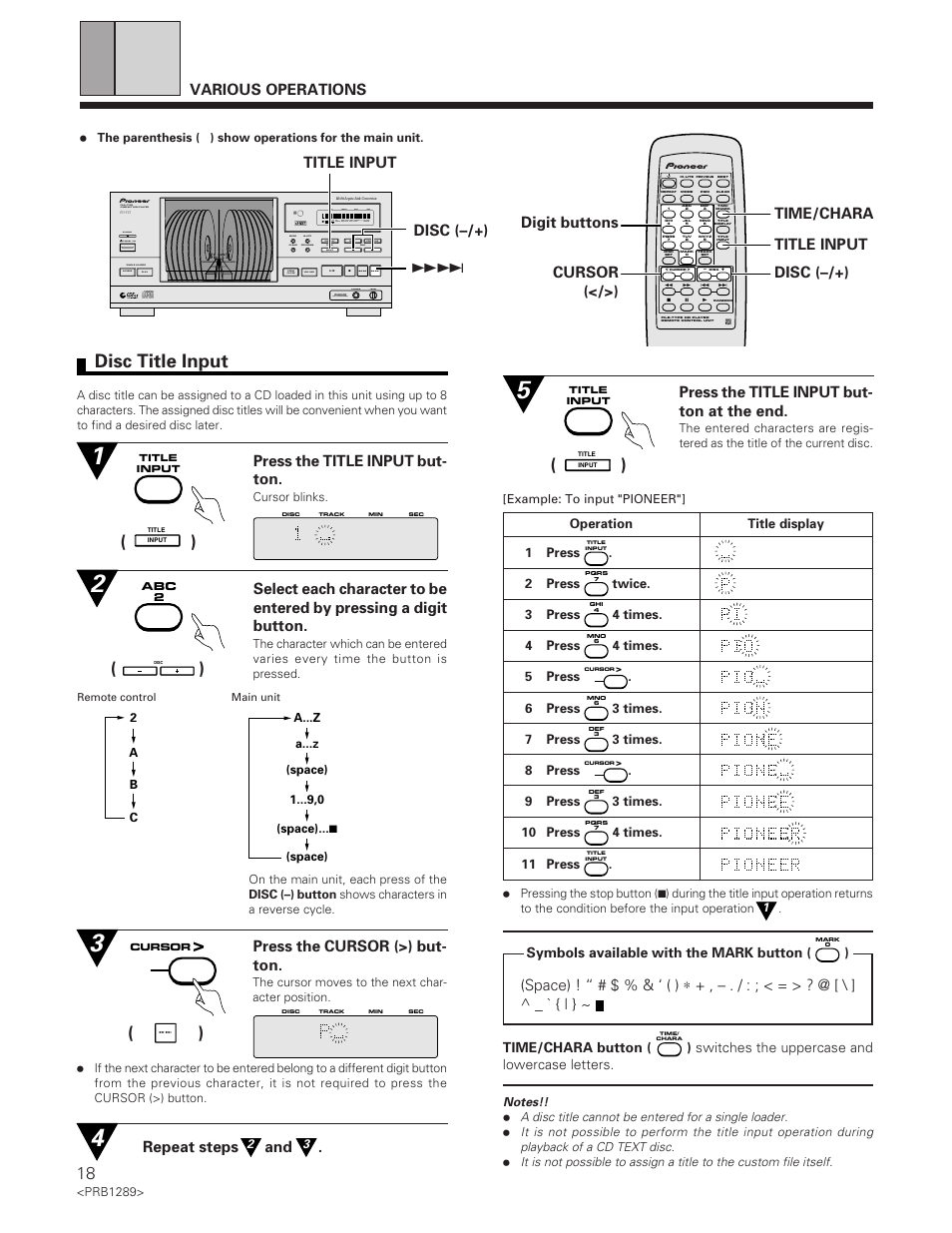 Disc title input, Various operations, Press the title input but- ton | Press the title input but- ton at the end, Press the cursor (>) but- ton, Disc (–/+) repeat steps and, Space) ! “ # $ % & ‘ ( ), Time/chara button, Reference file–type cd player, D/a converter phones level | Pioneer PD-F19PD-F17 User Manual | Page 18 / 24