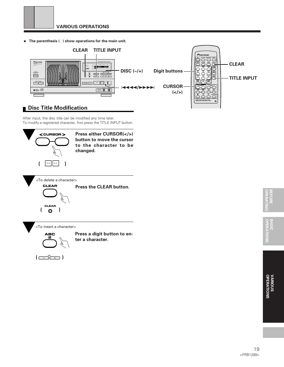 Disc title modification, Various operations, Press the clear button | Clear disc (–/+) 41, Press a digit button to en- ter a character, Title input, Clear digit buttons cursor (</>) title input, Reference file–type cd player, D/a converter phones level | Pioneer PD-F19PD-F17 User Manual | Page 19 / 24