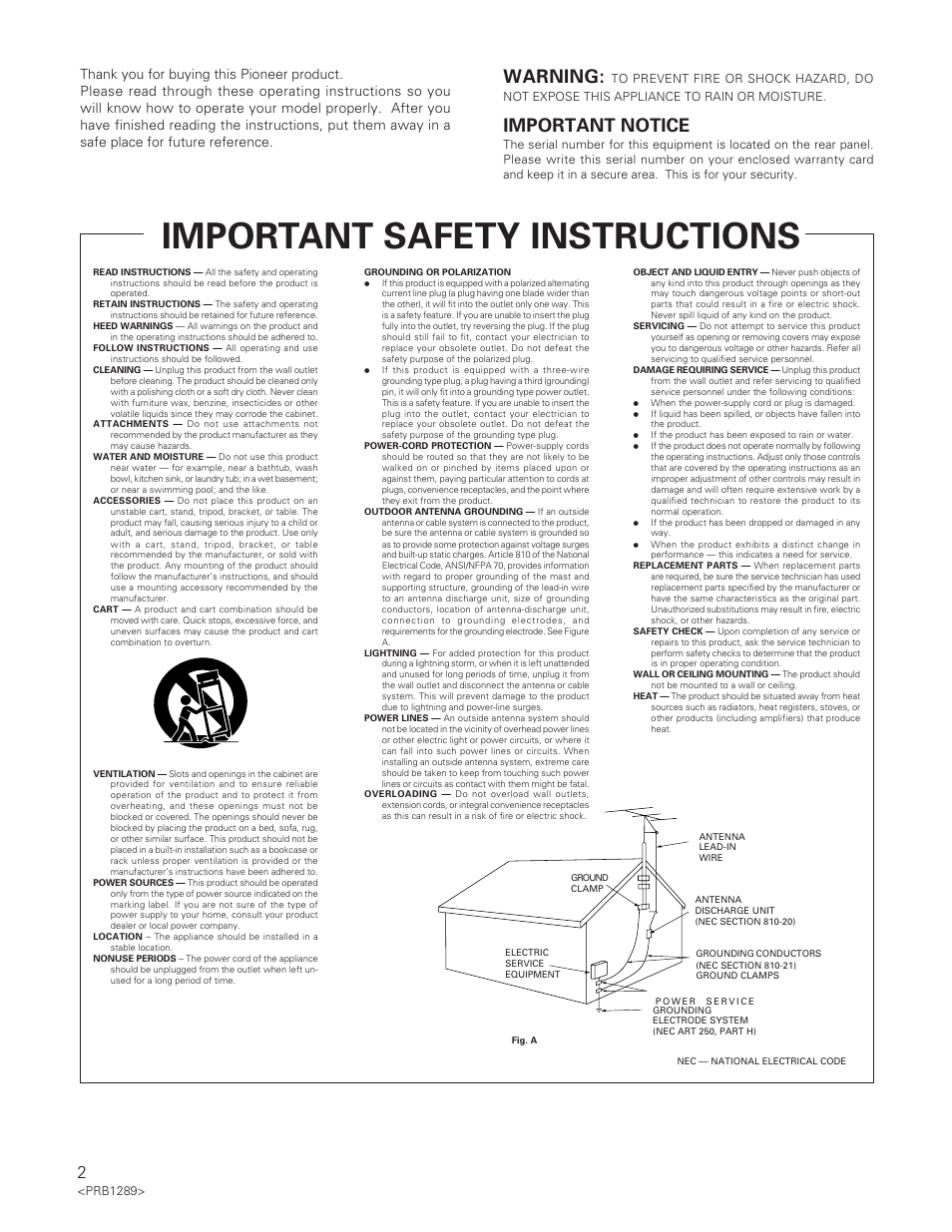 Important safety instructions, Warning, Important notice | Pioneer PD-F19PD-F17 User Manual | Page 2 / 24