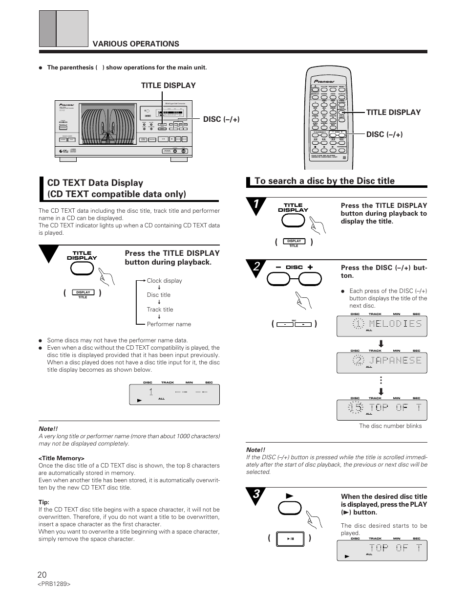 Title display disc (–/+), Disc (–/+), Press the disc (–/+) but- ton | Reference file–type cd player, D/a converter phones level | Pioneer PD-F19PD-F17 User Manual | Page 20 / 24