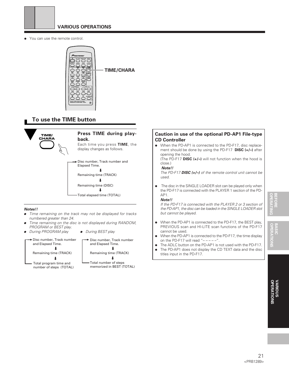 To use the time button, Press time during play- back, Various operations | You can use the remote control | Pioneer PD-F19PD-F17 User Manual | Page 21 / 24