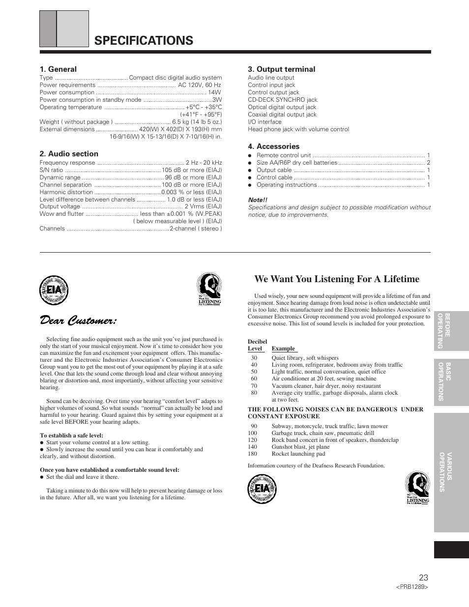 Specifications, We want you listening for a lifetime | Pioneer PD-F19PD-F17 User Manual | Page 23 / 24