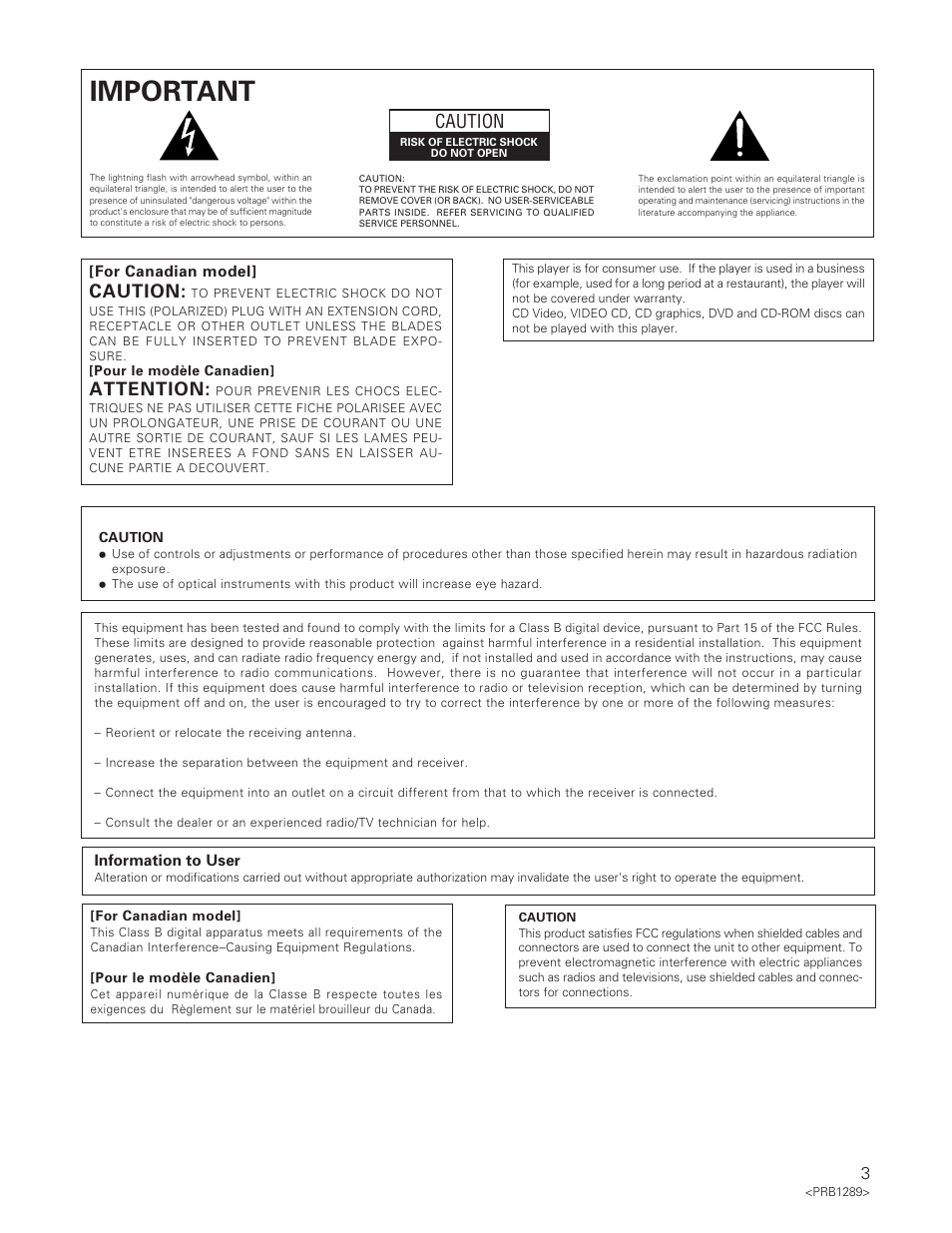 Important, Caution, Attention | Pioneer PD-F19PD-F17 User Manual | Page 3 / 24
