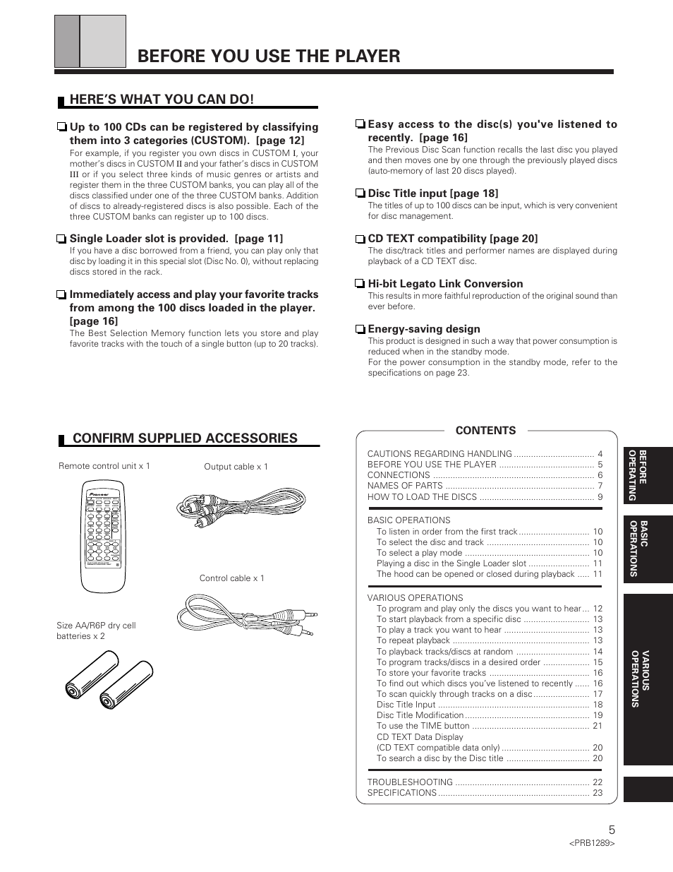 Pd-f19, Pd-f17, Operating instructions | File-type compact disc player, Before you use the player, Confirm supplied accessories, Here’s what you can do | Pioneer PD-F19PD-F17 User Manual | Page 5 / 24