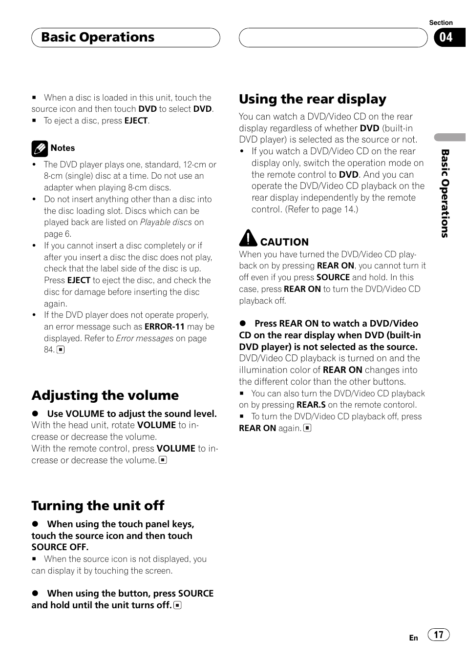 Adjusting the volume, Turning the unit off, Using the rear display | Basic operations | Pioneer Super Tuner III D AVH-P6550DVD User Manual | Page 17 / 96