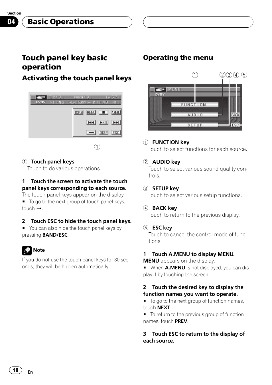 Touch panel key basic operation 18, Touch panelkey basic operation, Basic operations | Pioneer Super Tuner III D AVH-P6550DVD User Manual | Page 18 / 96
