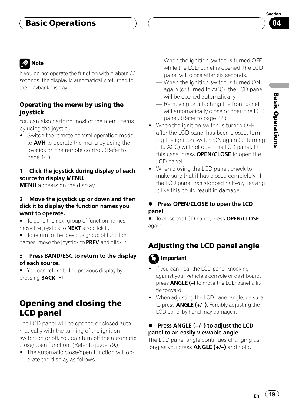 Opening and closing the lcd panel 19, Opening and closing the lcd panel, Basic operations | Adjusting the lcd panelangle | Pioneer Super Tuner III D AVH-P6550DVD User Manual | Page 19 / 96