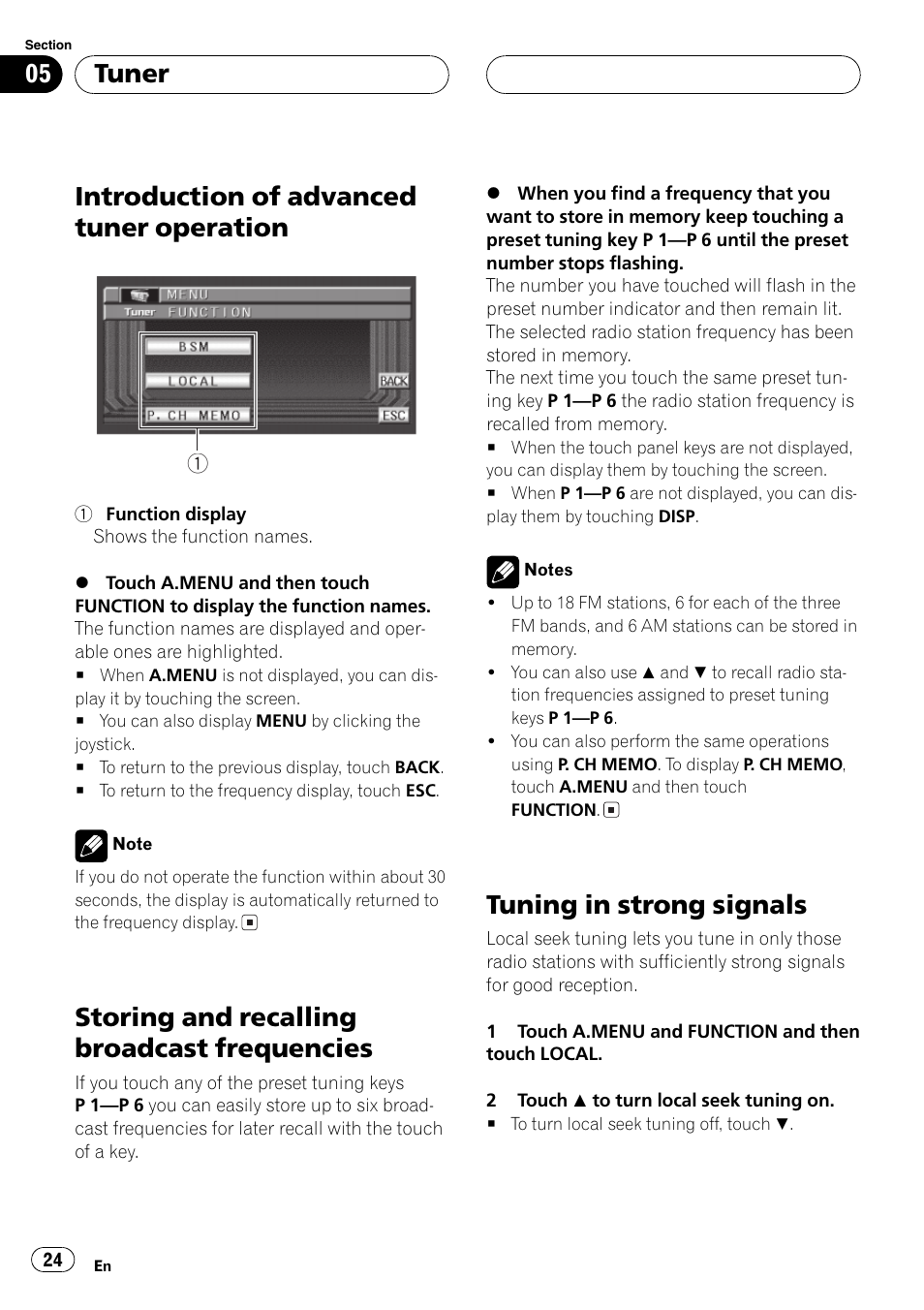 Introduction of advanced tuner, Operation 24, Storing and recalling broadcast | Frequencies 24, Tuning in strong signals 24, Introduction of advanced tuner operation, Storing and recalling broadcast frequencies, Tuning in strong signals, Tuner | Pioneer Super Tuner III D AVH-P6550DVD User Manual | Page 24 / 96