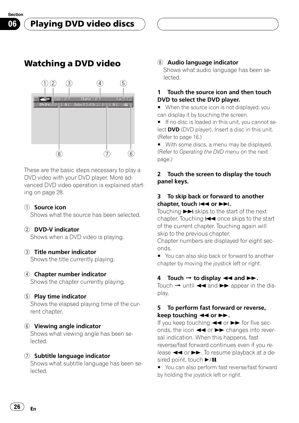 Playing dvd video discs watching a dvd video 26, Watching a dvd video, Playing dvd video discs | Pioneer Super Tuner III D AVH-P6550DVD User Manual | Page 26 / 96