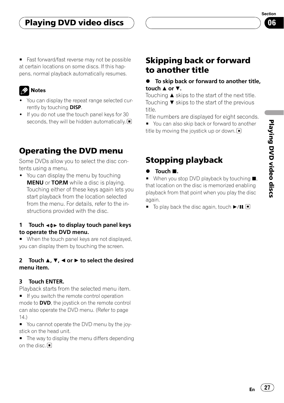 Operating the dvd menu, Skipping back or forward to another title, Stopping playback | Playing dvd video discs | Pioneer Super Tuner III D AVH-P6550DVD User Manual | Page 27 / 96