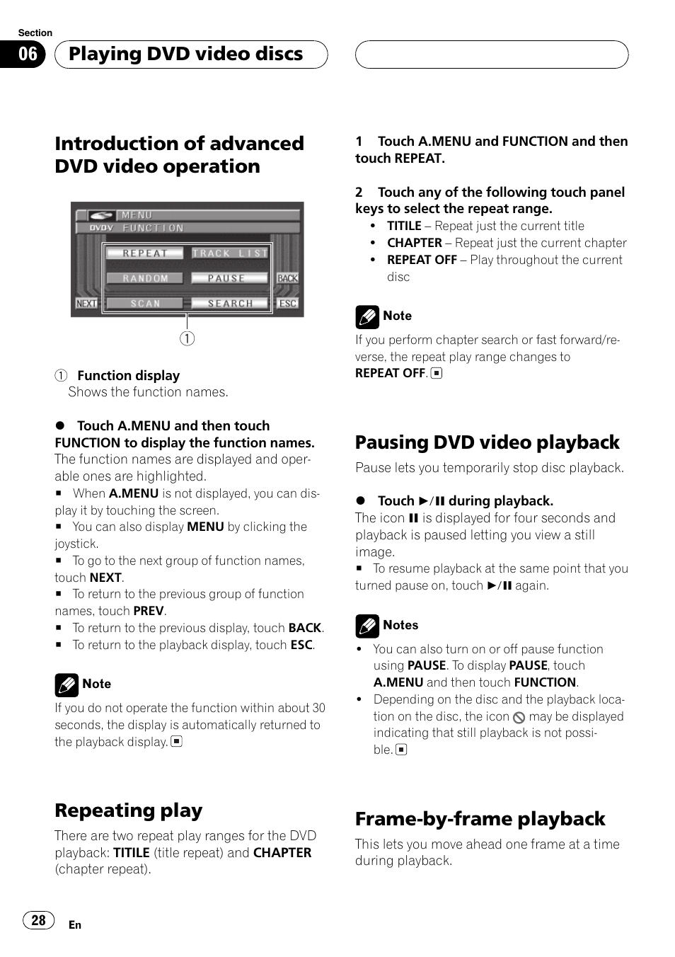 Introduction of advanced dvd video, Operation 28, Introduction of advanced dvd video operation | Repeating play, Pausing dvd video playback, Frame-by-frame playback, Playing dvd video discs | Pioneer Super Tuner III D AVH-P6550DVD User Manual | Page 28 / 96