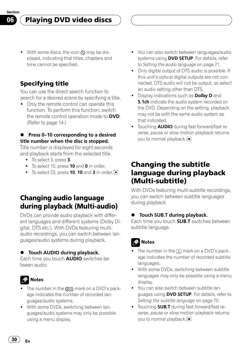 Changing audio language during playback, Multi-audio) 30, Changing the subtitle language during | Playback (multi-subtitle) 30, Playing dvd video discs, Specifying title | Pioneer Super Tuner III D AVH-P6550DVD User Manual | Page 30 / 96