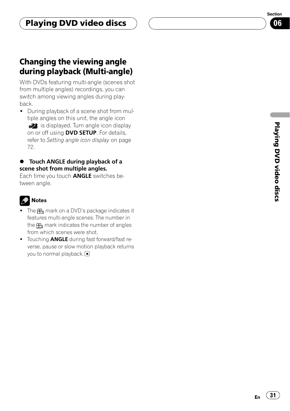 Changing the viewing angle during playback, Multi-angle) 31, Playing dvd video discs | Pioneer Super Tuner III D AVH-P6550DVD User Manual | Page 31 / 96
