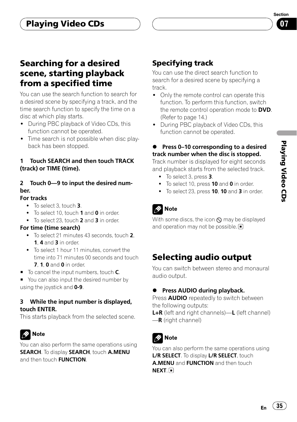 Searching for a desired scene, starting, Playback from a specified time 35, Selecting audio output 35 | Selecting audio output, Playing video cds, Specifying track | Pioneer Super Tuner III D AVH-P6550DVD User Manual | Page 35 / 96