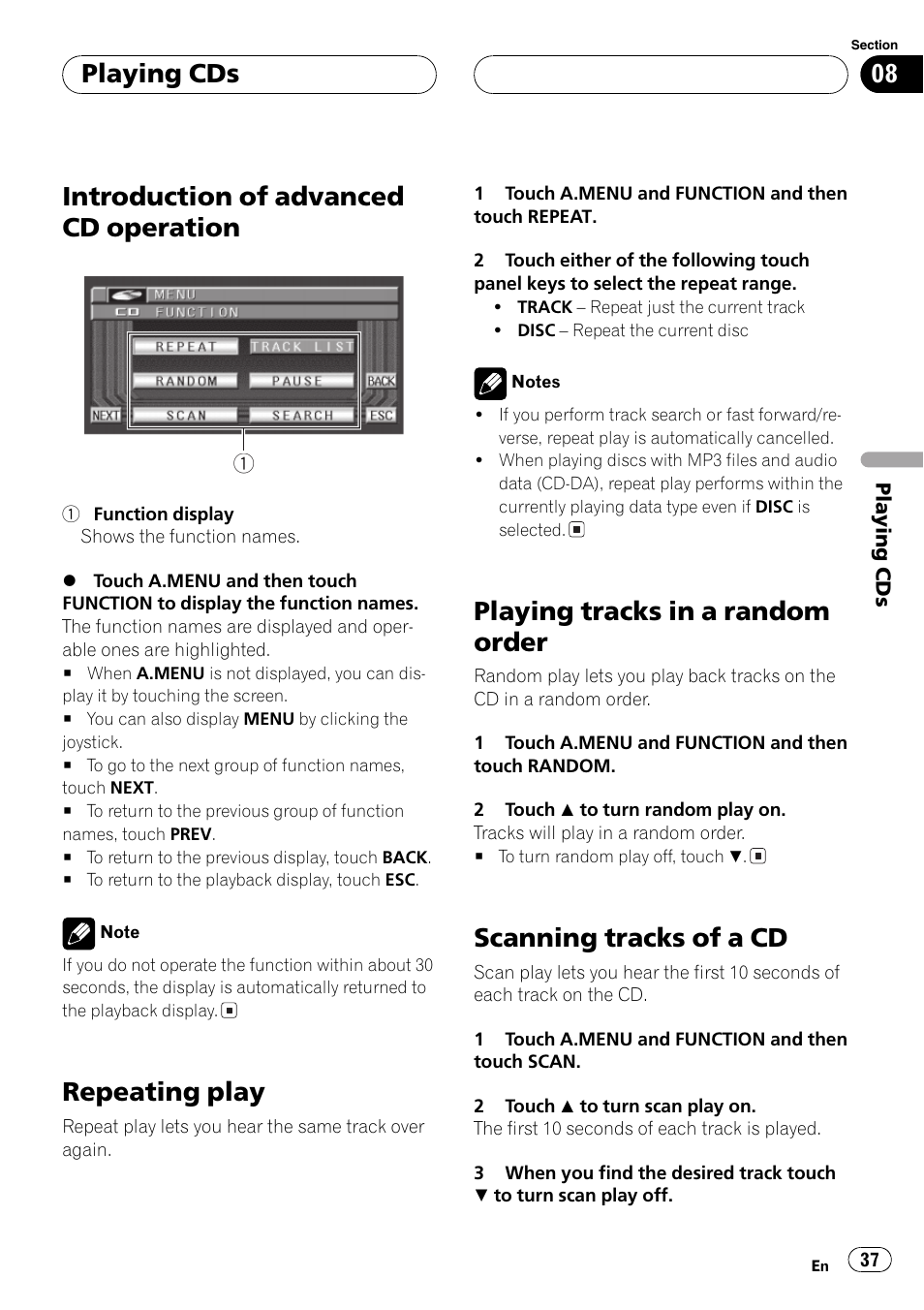 Introduction of advanced cd operation, Repeating play, Playing tracks in a random order | Scanning tracks of a cd, Playing cds | Pioneer Super Tuner III D AVH-P6550DVD User Manual | Page 37 / 96