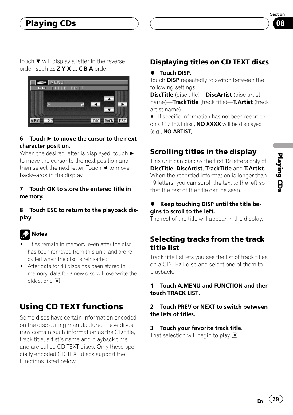 Using cd text functions 39, Using cd text functions, Playing cds | Displaying titles on cd text discs, Scrolling titles in the display, Selecting tracks from the track title list | Pioneer Super Tuner III D AVH-P6550DVD User Manual | Page 39 / 96