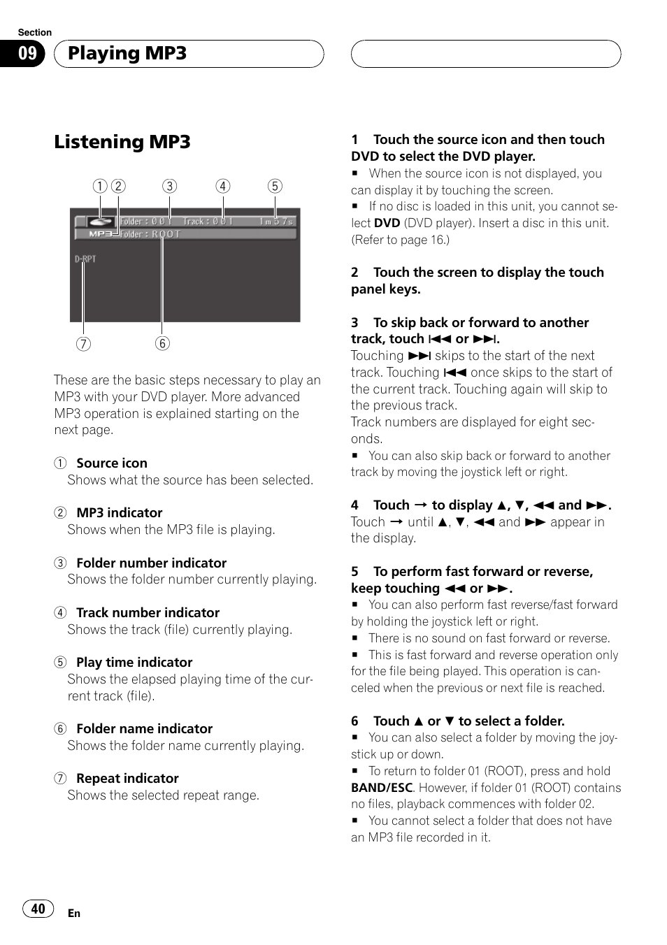 Playing mp3 listening mp3 40, Listening mp3, Playing mp3 | Pioneer Super Tuner III D AVH-P6550DVD User Manual | Page 40 / 96