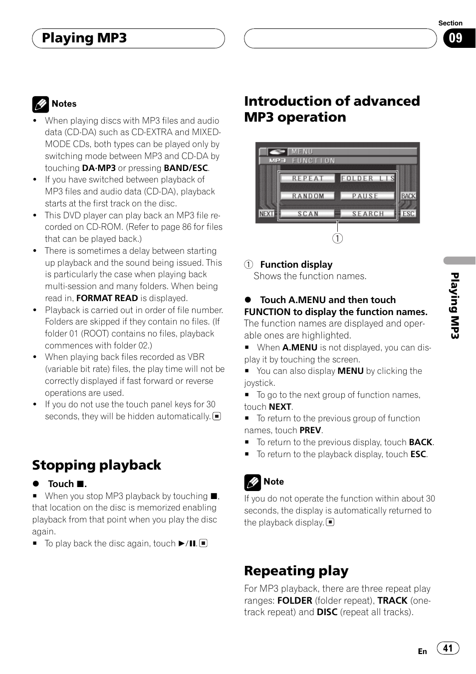 Stopping playback, Introduction of advanced mp3 operation, Repeating play | Playing mp3 | Pioneer Super Tuner III D AVH-P6550DVD User Manual | Page 41 / 96