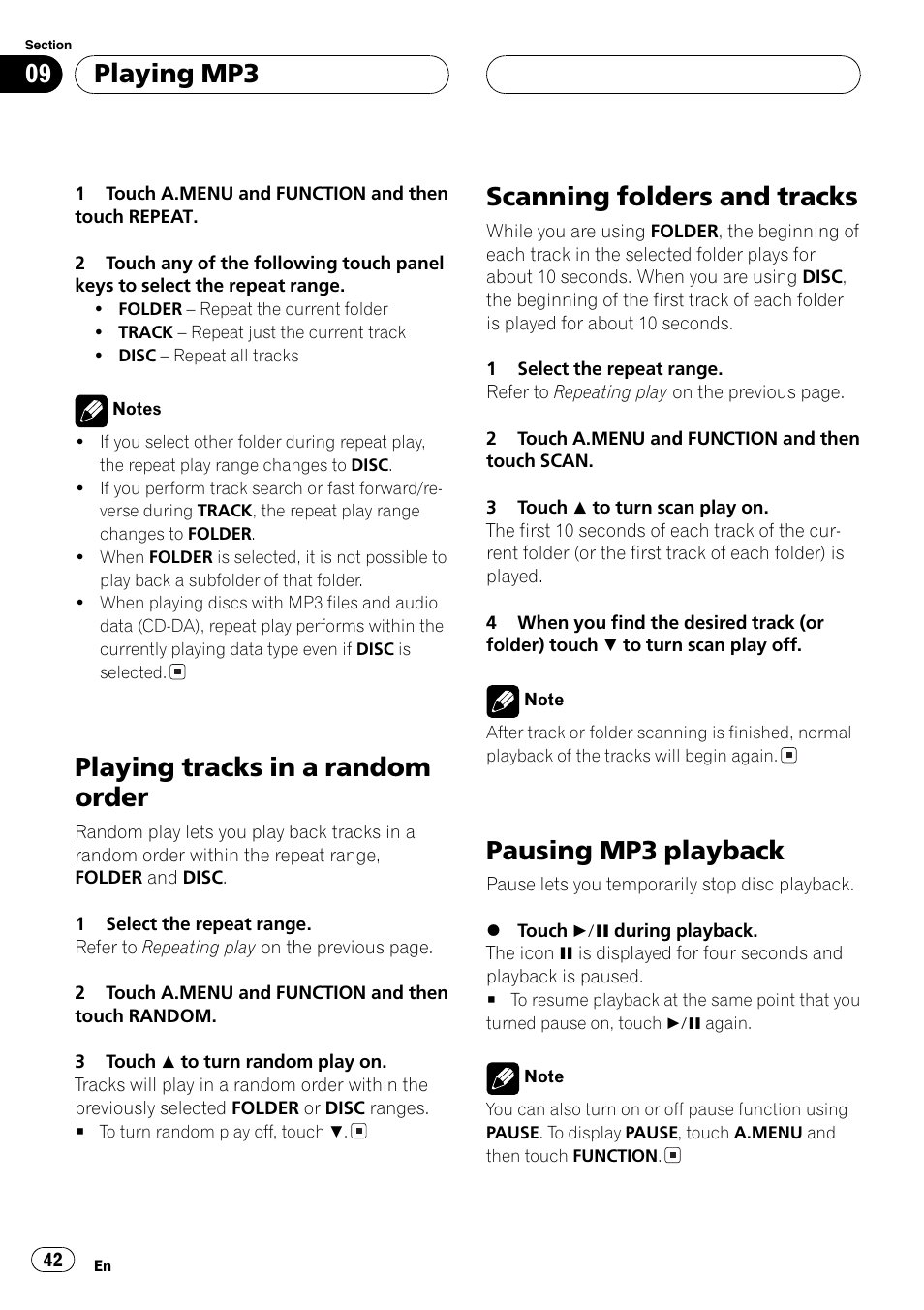 Playing tracks in a random order, Scanning folders and tracks, Pausing mp3 playback | Playing mp3 | Pioneer Super Tuner III D AVH-P6550DVD User Manual | Page 42 / 96