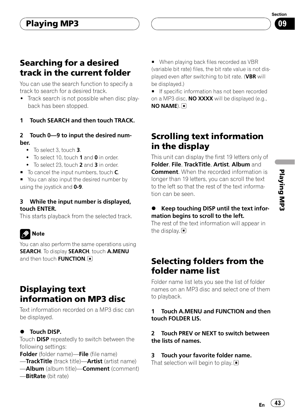 Searching for a desired track in the current, Folder 43, List 43 | Displaying text information on mp3 disc, Scrolling text information in the display, Selecting folders from the folder name list, Playing mp3 | Pioneer Super Tuner III D AVH-P6550DVD User Manual | Page 43 / 96