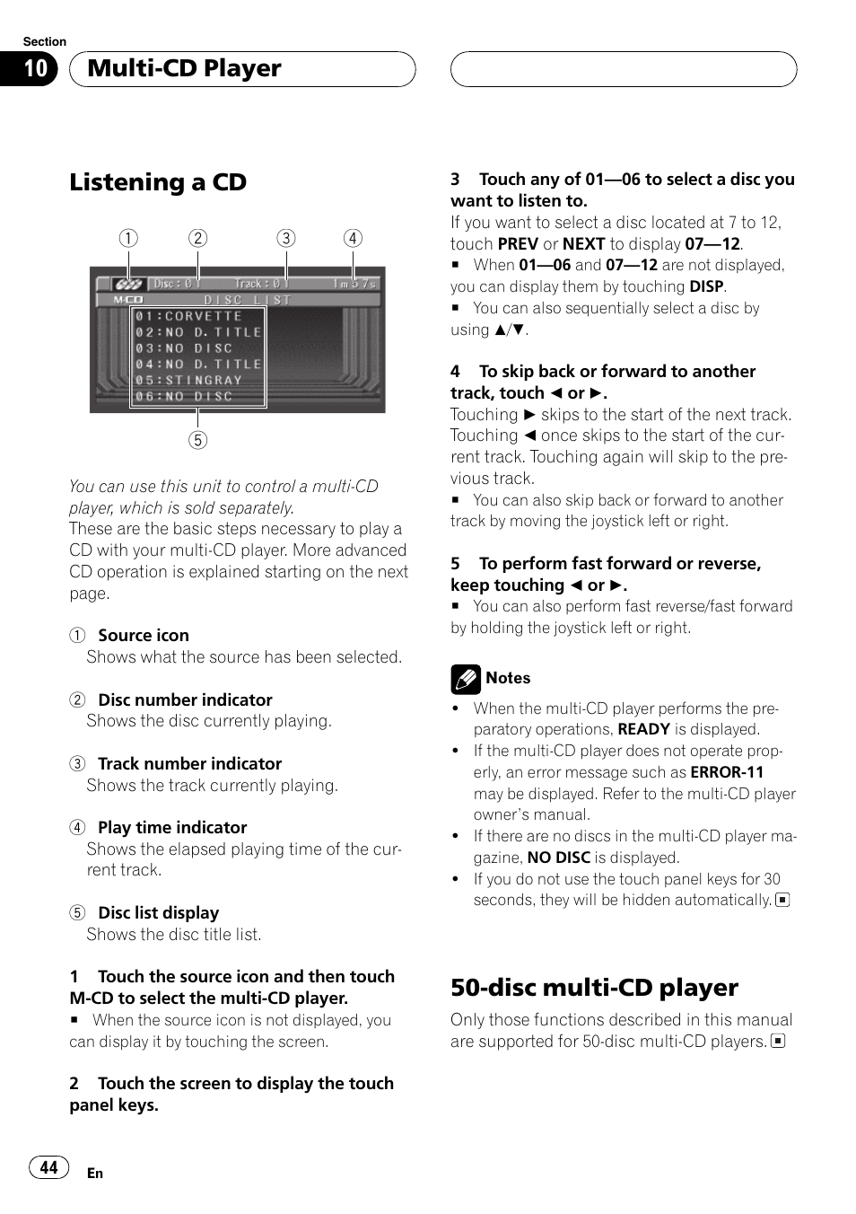 Listening a cd, Disc multi-cd player, Multi-cd player | Pioneer Super Tuner III D AVH-P6550DVD User Manual | Page 44 / 96