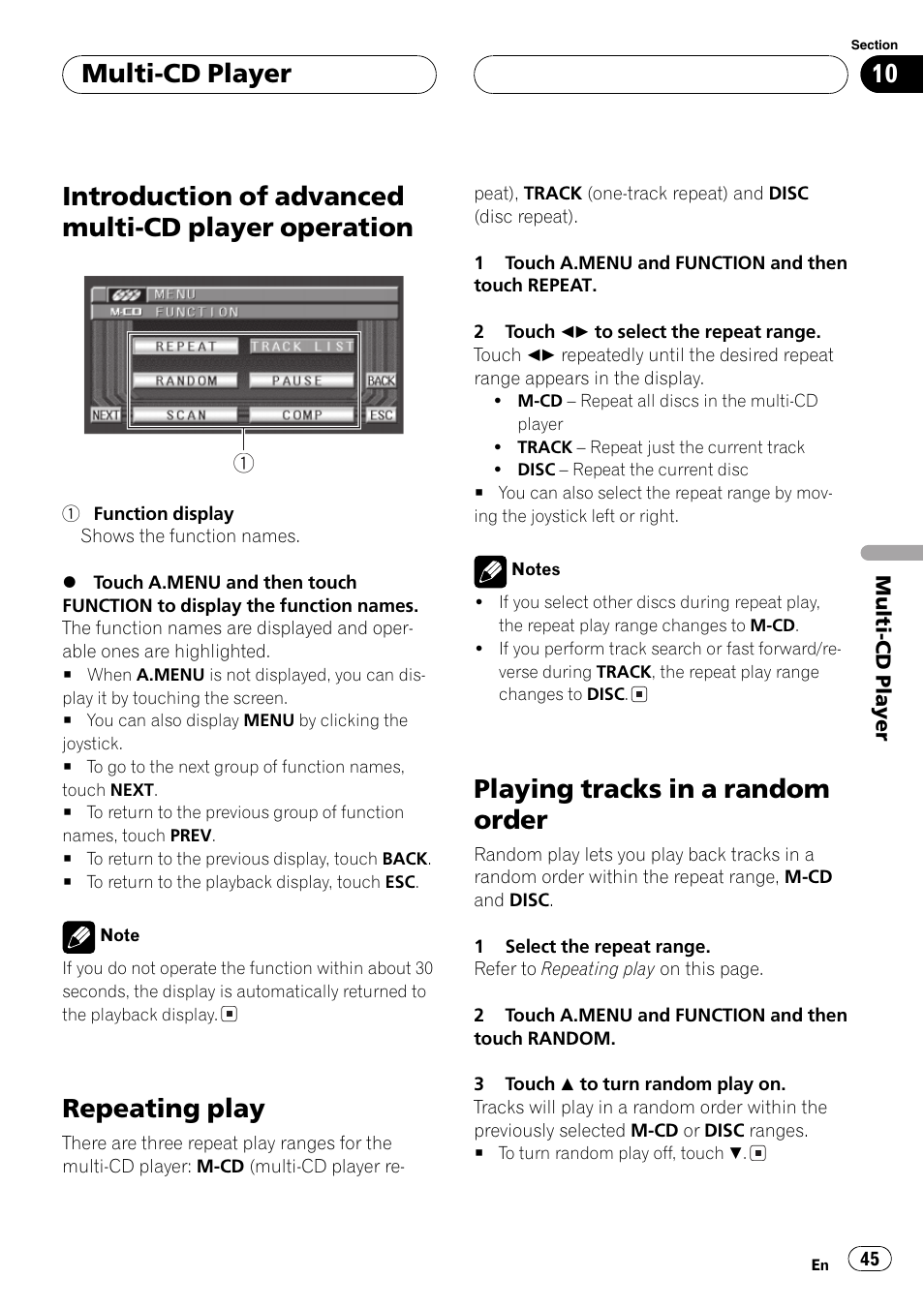 Introduction of advanced multi-cd player, Operation 45, Repeating play 45 | Playing tracks in a random order 45, Introduction of advanced multi-cd player operation, Repeating play, Playing tracks in a random order, Multi-cd player | Pioneer Super Tuner III D AVH-P6550DVD User Manual | Page 45 / 96