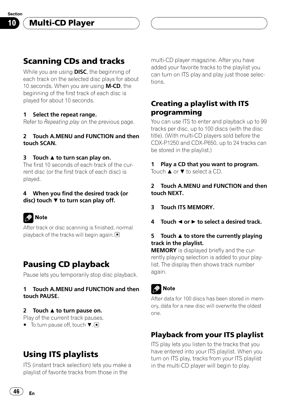 Scanning cds and tracks, Pausing cd playback, Using its playlists | Multi-cd player | Pioneer Super Tuner III D AVH-P6550DVD User Manual | Page 46 / 96