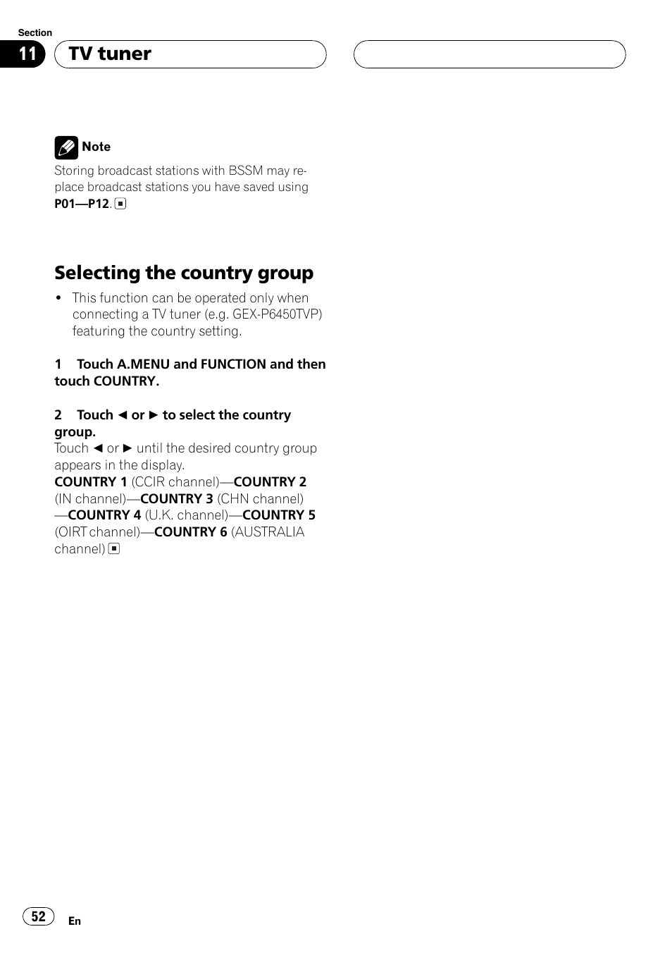 Selecting the country group 52, Selecting the country group, Tv tuner | Pioneer Super Tuner III D AVH-P6550DVD User Manual | Page 52 / 96