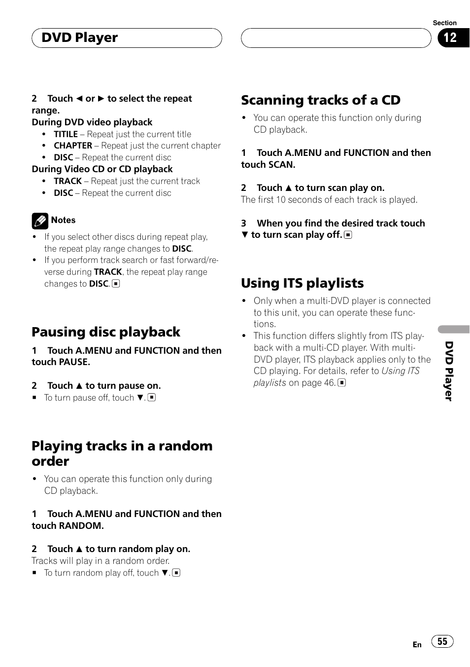 Pausing disc playback, Playing tracks in a random order, Scanning tracks of a cd | Using its playlists, Dvd player | Pioneer Super Tuner III D AVH-P6550DVD User Manual | Page 55 / 96