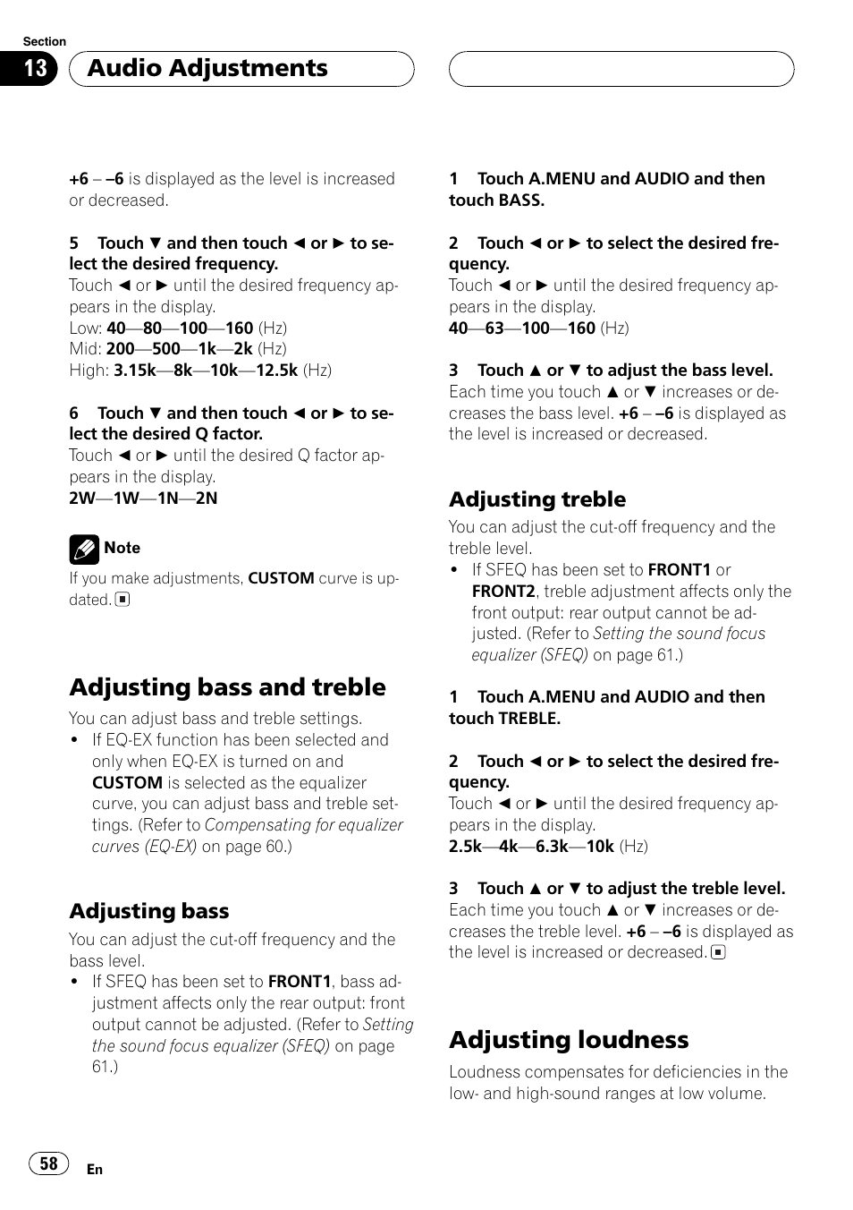 Adjusting bass and treble 58 adjusting loudness 58, Adjusting bass and treble, Adjusting loudness | Audio adjustments, Adjusting bass, Adjusting treble | Pioneer Super Tuner III D AVH-P6550DVD User Manual | Page 58 / 96