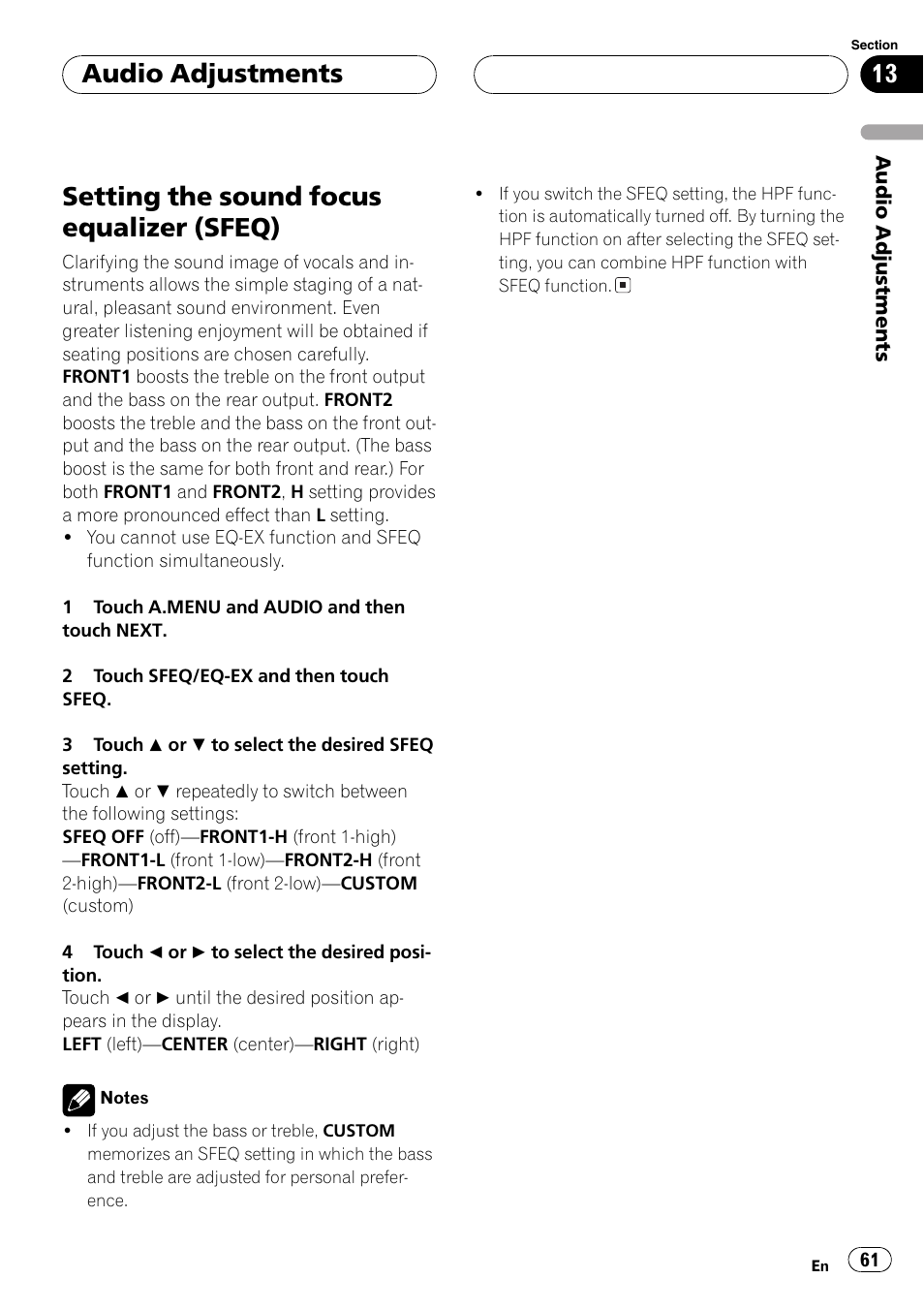 Setting the sound focus equalizer, Sfeq) 61, Setting | The sound focus equalizer (sfeq), Setting the sound focus, Setting the sound focus equalizer (sfeq), Audio adjustments | Pioneer Super Tuner III D AVH-P6550DVD User Manual | Page 61 / 96