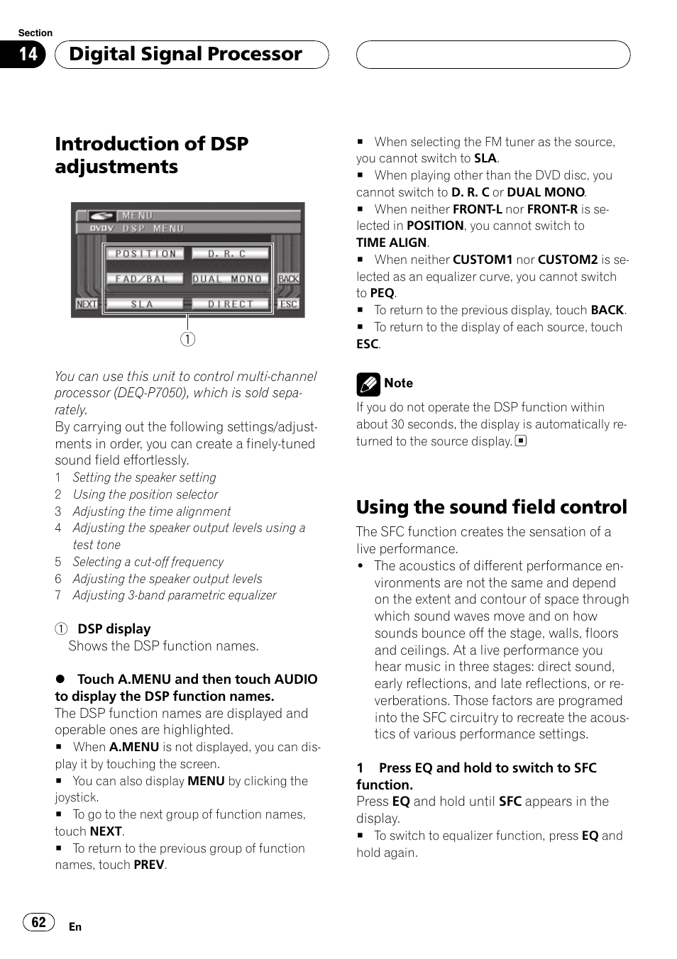 Introduction of dsp adjustments, Using the sound field control, Digitalsignalprocessor | Pioneer Super Tuner III D AVH-P6550DVD User Manual | Page 62 / 96